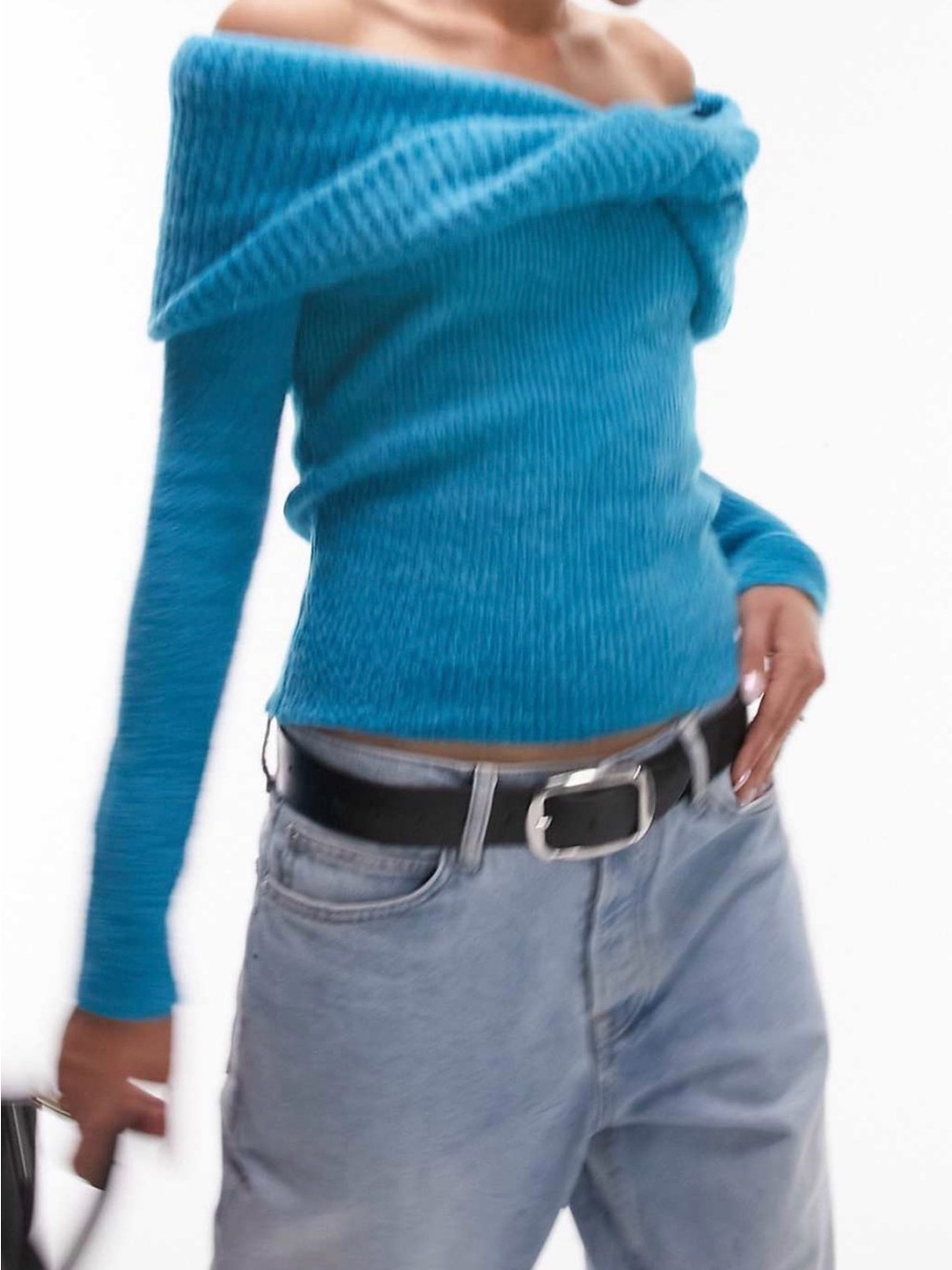 Women’s Off-Shoulder Ribbed Sweater in Teal Blue